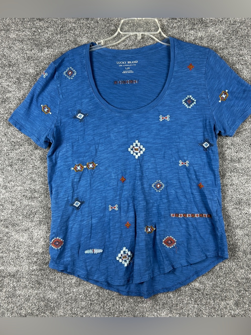 Lucky Brand Heather Blue Southwestern Embroidered Cotton Scoop Tee Size Large L
